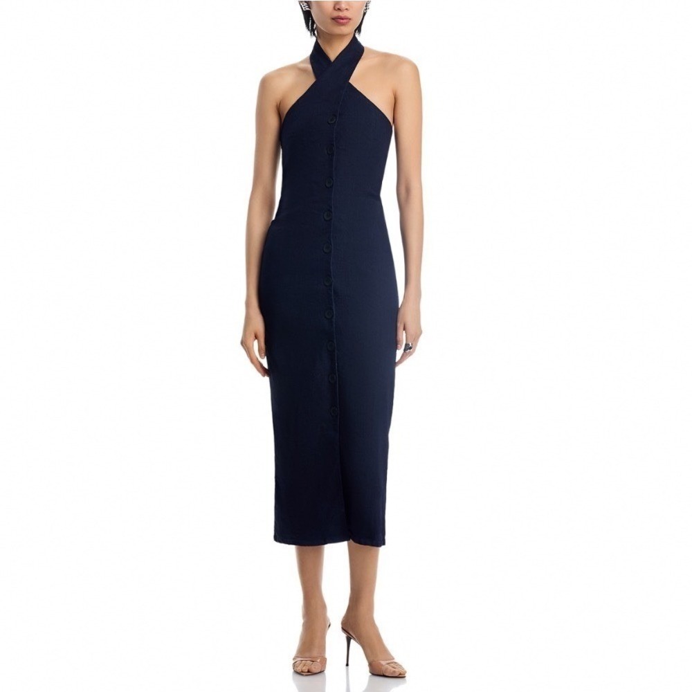 The Lulo Project Cami Denim Dress Dark Wash Halter Neck Midi Button Front Large